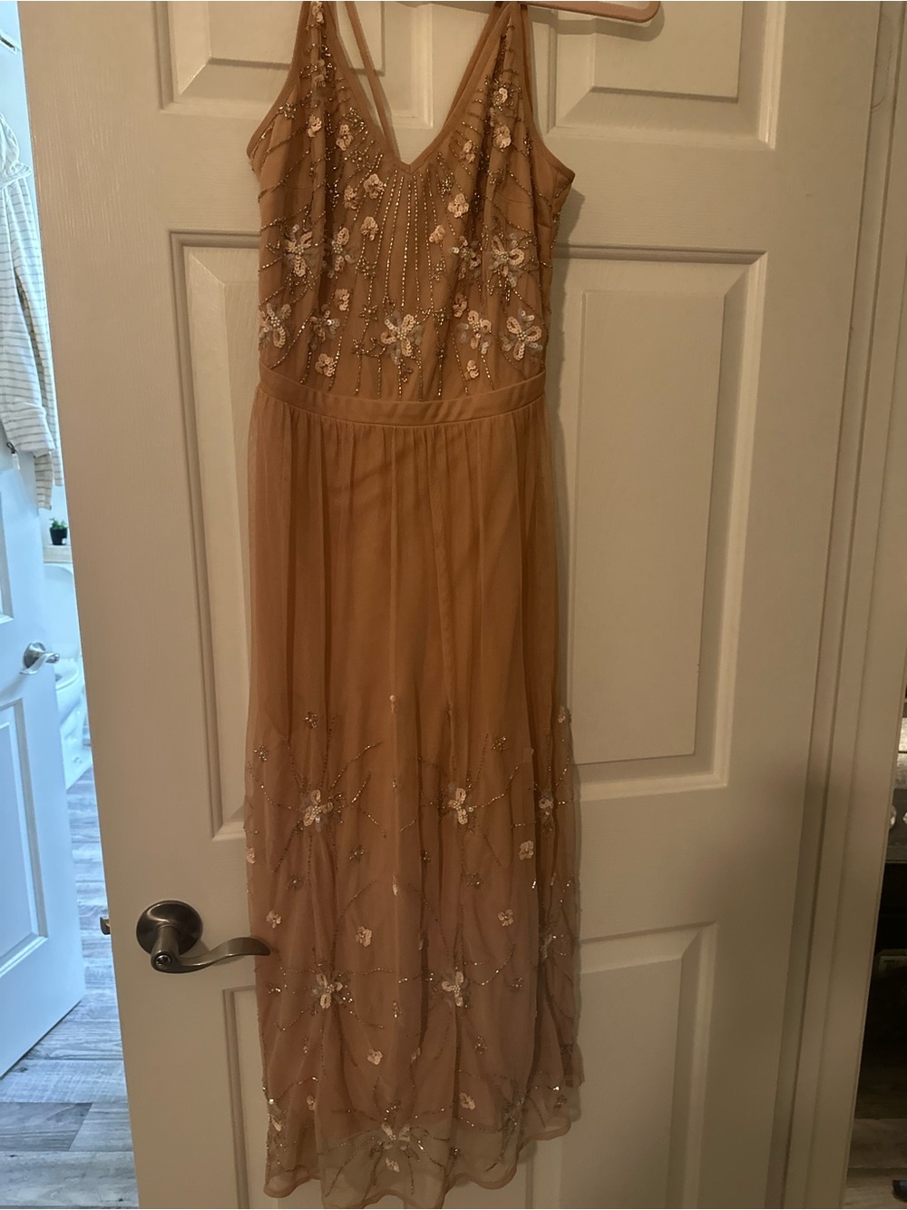 Beaded Floral Maxi Dress in Nude Tan flapper vintage inspired feminine